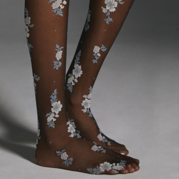 ANTHROPOLOGIE Floral Sheer Tights Black Plus Size 1x - Picture 2 of 2